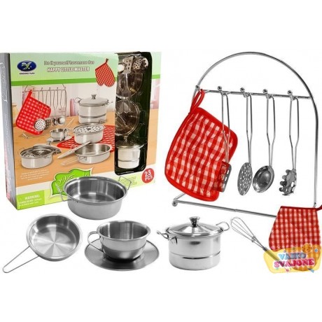 Nerūdijančio plieno žaislinių virtuvės indų ir įrankių rinkinys, 23 dalys