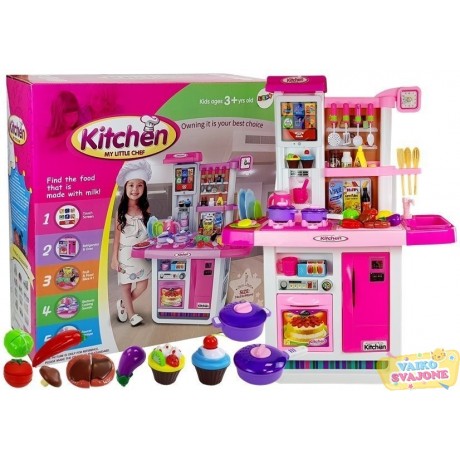 Rožinė vaikiška virtuvė žaisti su vandeniu, puodai, maisto produktai