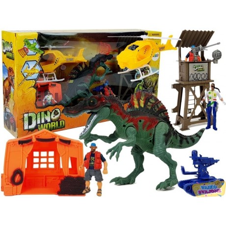 Dinozaurų pasaulio figūrėlių rinkinys - dinozauras, sargybos bokštas, sraigtasparnis, palapinė