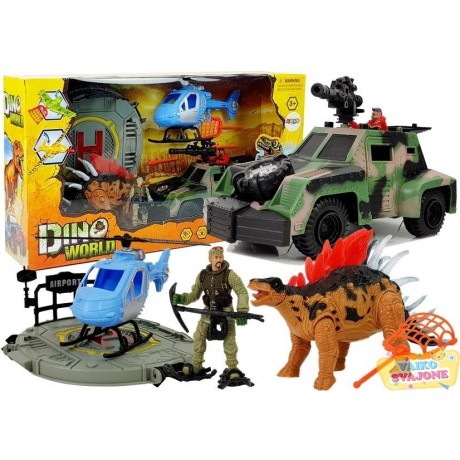Dinozaurų pasaulio figūrėlių rinkinys - dinozauras, automobilis, sraigtasparnis, nusileidimo aikštelė