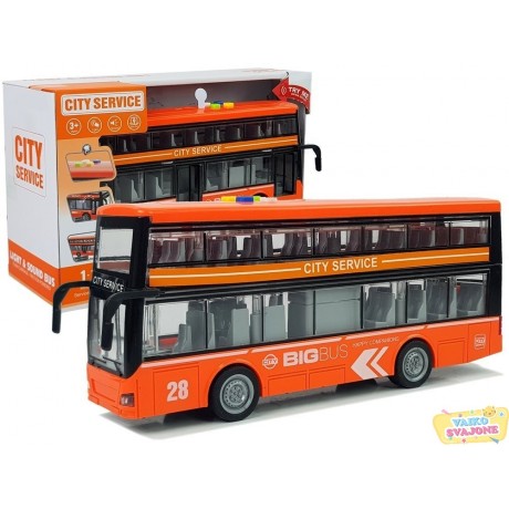 Dviaukštis autobusas 1:16 oranžinis su šviesos ir garso efektais