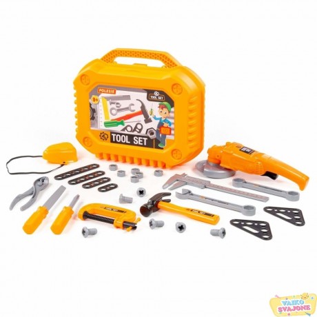 Žaislinių įrankių rinkinys su kampiniu šlifuokliu 30 dalių oranžinis 89458