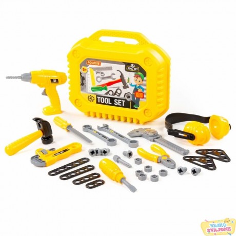 Žaislinių įrankių rinkinys su akumuliatoriniu suktuvu 32 dalių geltonas 89465