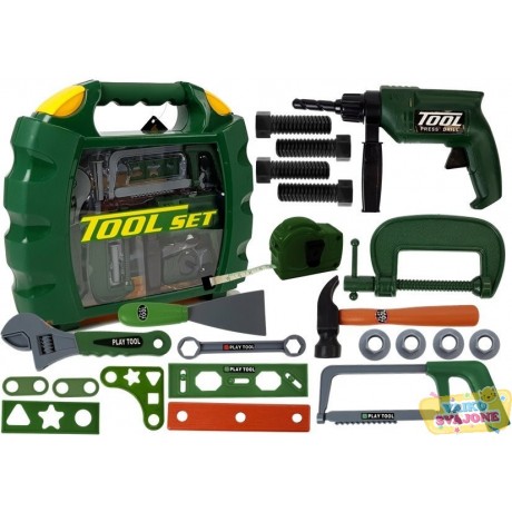 Žaislinių įrankių lagaminas su permatoma sienele žalias