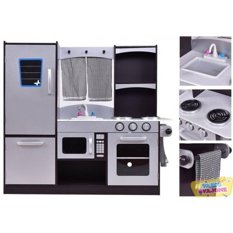 Vaikiška medinė sidabrinė virtuvė su šaldytuvu ir orkaite