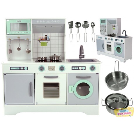 Vaikiška medinė virtuvė Sara balta-mint su virykle, skalbimo mašina ir šaldytuvu