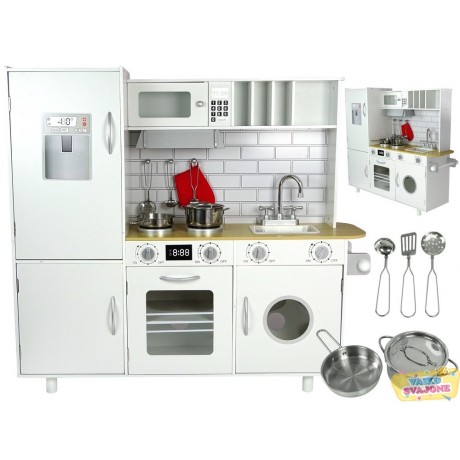 Vaikiška medinė virtuvė Bianka balta su skalbykle ir šaldytuvu 102 cm aukščio