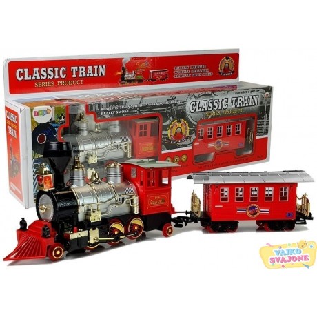 Klasikinis raudonas traukinukas su dūmais, garsais ir šviesa
