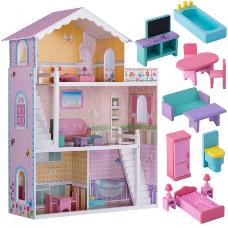 Lėlių namelis su baldais (medinis,rožinis)