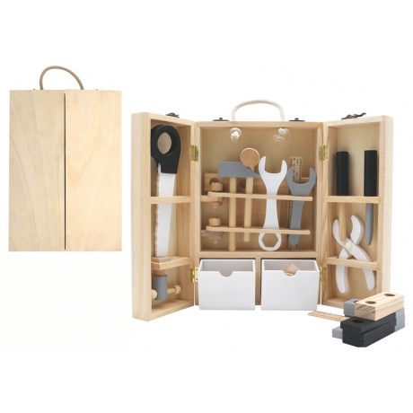 Medinių žaislinių įrankių rinkinys ir dėžė
